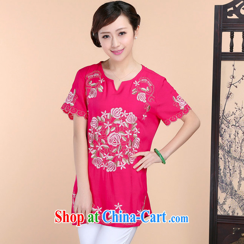 2015 summer beauty antique embroidered Chinese short-sleeved round-collar short-sleeve, long, solid color T-shirt pants two piece set with the red T-shirt XXL, charm and Asia Pattaya (Charm Bali), online shopping