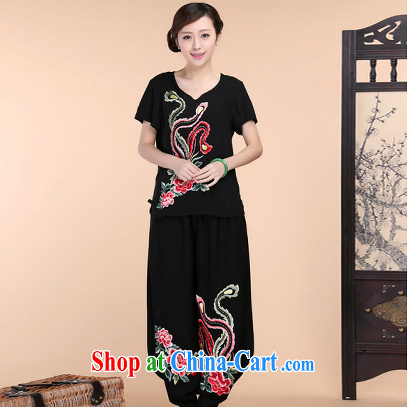 2015 summer beauty antique embroidered Chinese short-sleeved V collar short-sleeve T-shirt loose pants two piece set Black Kit XXXL, charm and Asia Pattaya (Charm Bali), online shopping