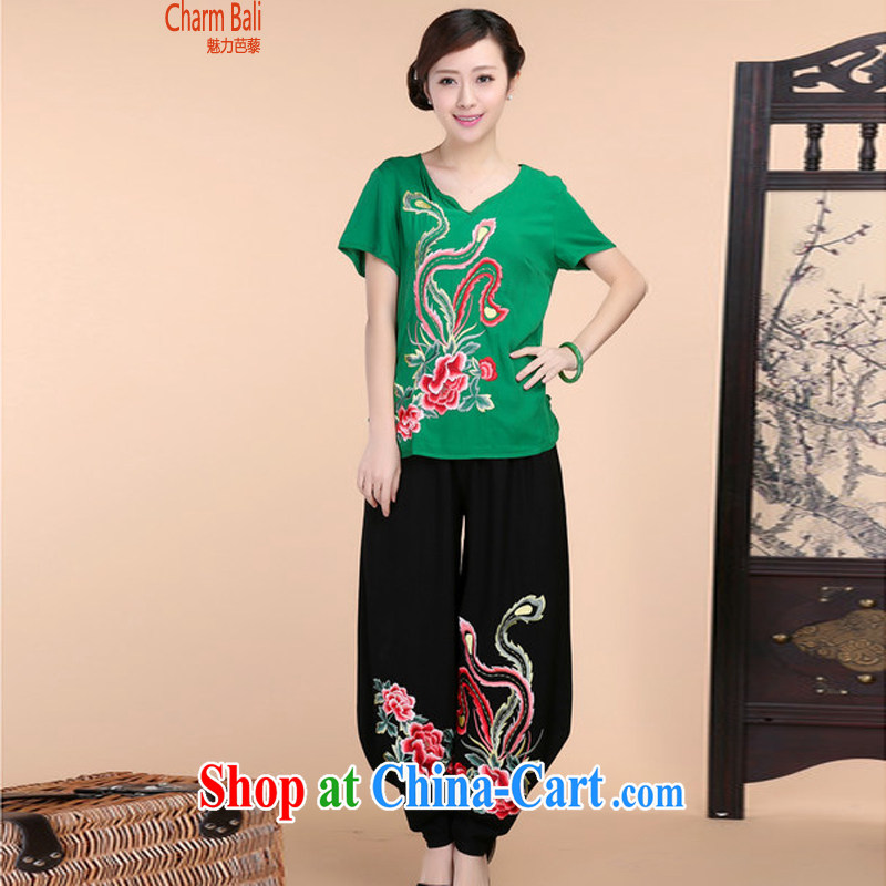 2015 summer beauty antique embroidered Chinese short-sleeved V collar short-sleeve T-shirt loose pants two piece set with green T-shirt XXXL