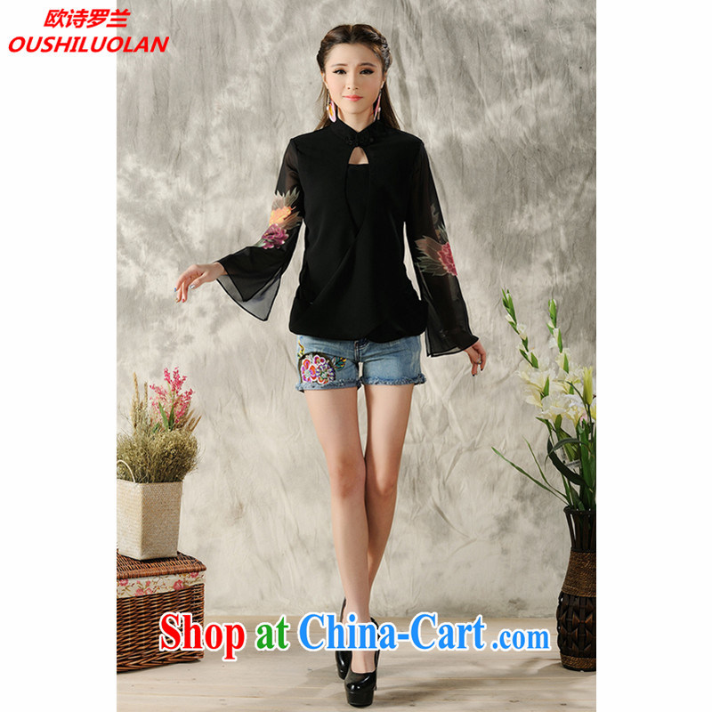The poem, 2015 new hand-painted long-sleeved T-shirt cheongsam Chinese Spring Chinese Ethnic Wind women 7298 _black XXL