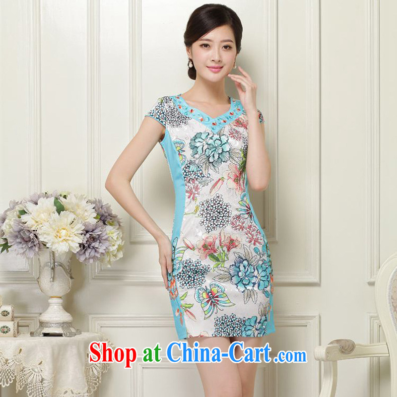 Forest narcissus summer 2015 new retro floral V collar short-sleeve without the forklift truck with skirt package and short cheongsam beauty Tang replace JAYT - 31 aquamarine XXL