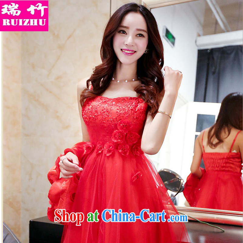 Shui bamboo 2015 Spring Summer Fall with new strap with bare chest beauty evening gown dress sweet flowers wavy edge Princess dress short-sleeved small shawl jacket two-piece red XXXL, Shui bamboo (RUIZHU), online shopping