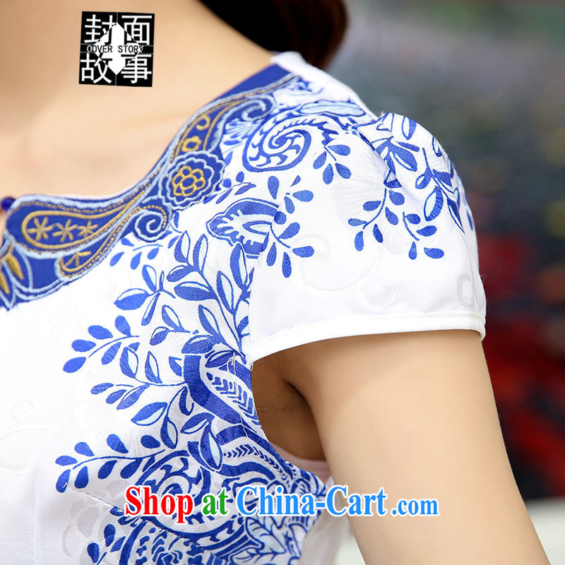 Cover Story 2015 new blue and white porcelain antique embroidered short sleeves cheongsam short dresses ladies white and green XXL, the cover story (cover story), online shopping