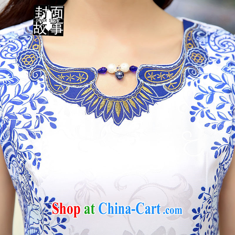 Cover Story 2015 new blue and white porcelain antique embroidered short sleeves cheongsam short dresses ladies white and green XXL, the cover story (cover story), online shopping
