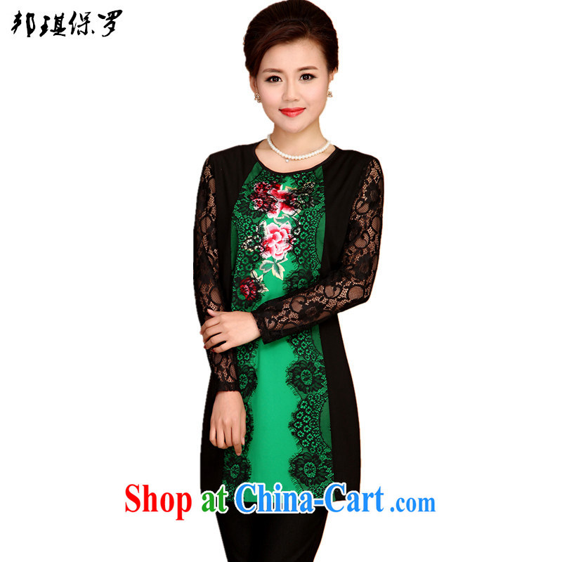 Bong-ki Paul 2015 spring and summer new stylish blouses skirts Tang with improved female short dresses Chinese lace long-sleeved Ethnic Wind mom with green 4 XL, Angel Paul, shopping on the Internet
