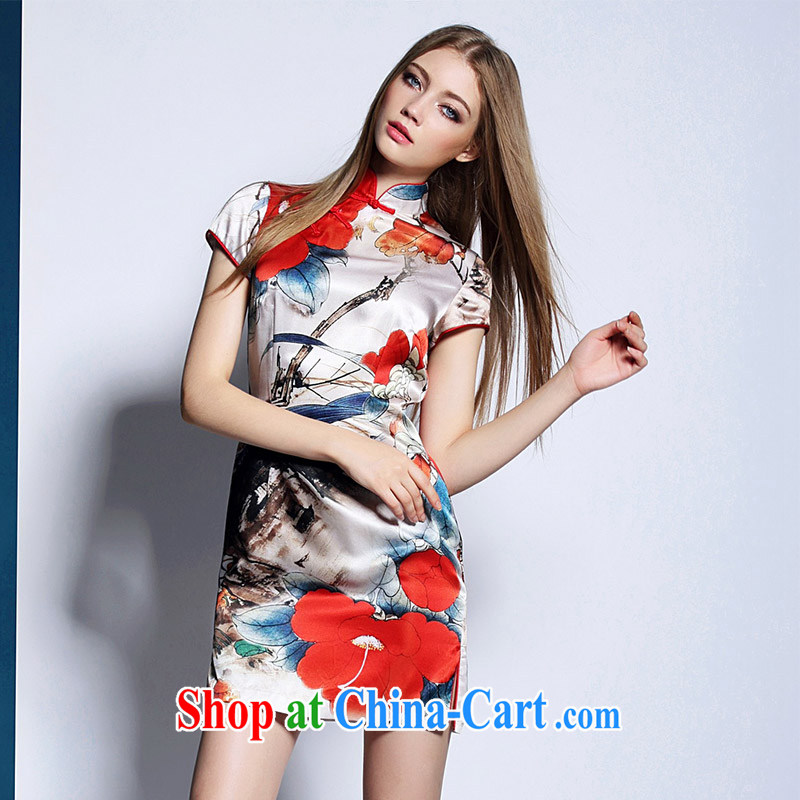 The 2015 spring and summer new European high-end ladies retro Ethnic Wind painting stamp cultivating cheongsam dress picture color XL