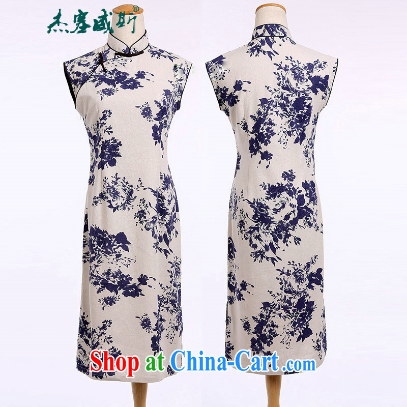 The Jessup, spring and summer women's clothing retro art linen hand-tie sleeveless, in long, improved dresses dresses sleeveless blue and white porcelain XXL, Jessup, and shopping on the Internet