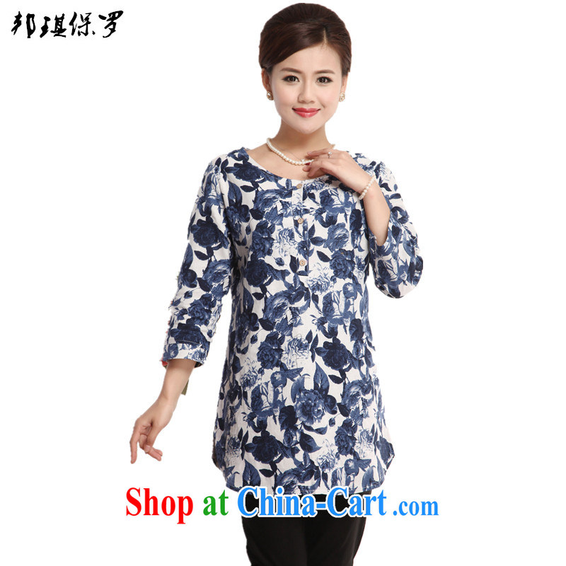 Bong-ki Paul 2015 spring and summer new Ethnic Wind Chinese, Ms. Tang improvements in older 7 cuff cotton the mother load, long T shirt T-shirt woman blue 4 XL, Angel Paul, shopping on the Internet