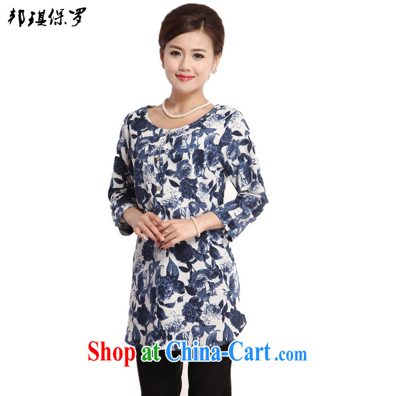 Bong-ki Paul 2015 spring and summer new Ethnic Wind Chinese, Ms. Tang improvements in older 7 cuff cotton the mother load, long T shirt T-shirt woman blue 4 XL, Angel Paul, shopping on the Internet