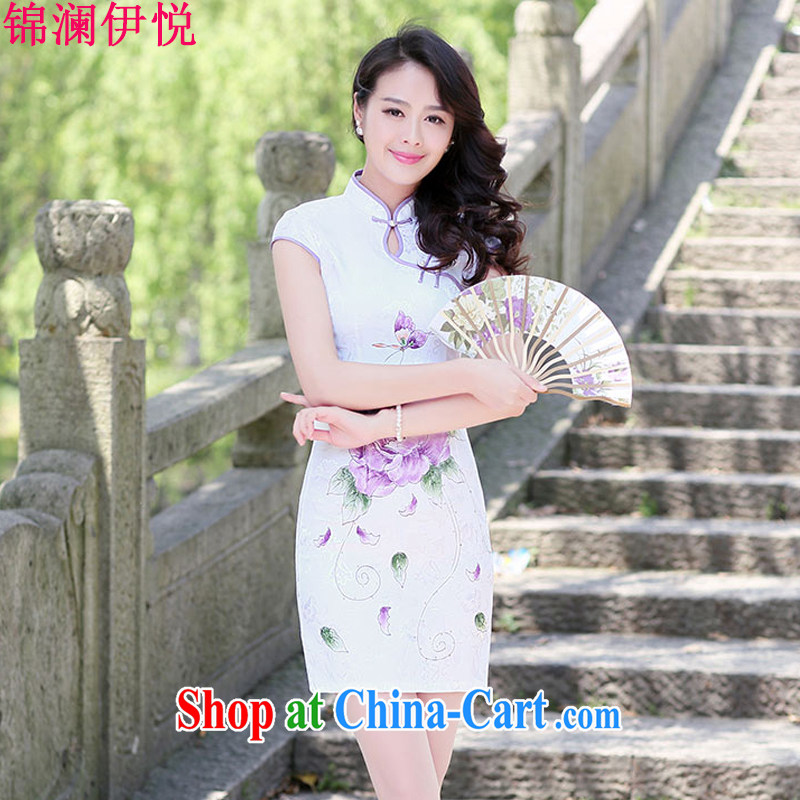 kam world the Hyatt 2015 summer new, fresh and elegant Peony stamp beauty graphics thin package and dresses, dresses retro China Culture quality blue lotus XXL, Kam world, Yue, and shopping on the Internet