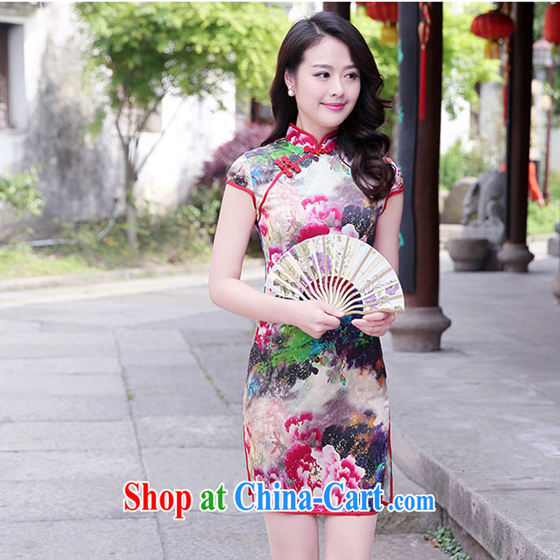 The female 2015 summer new improved stylish heavy Silk Cheongsam retro sauna Silk Cheongsam dress 1520 red Peony XL