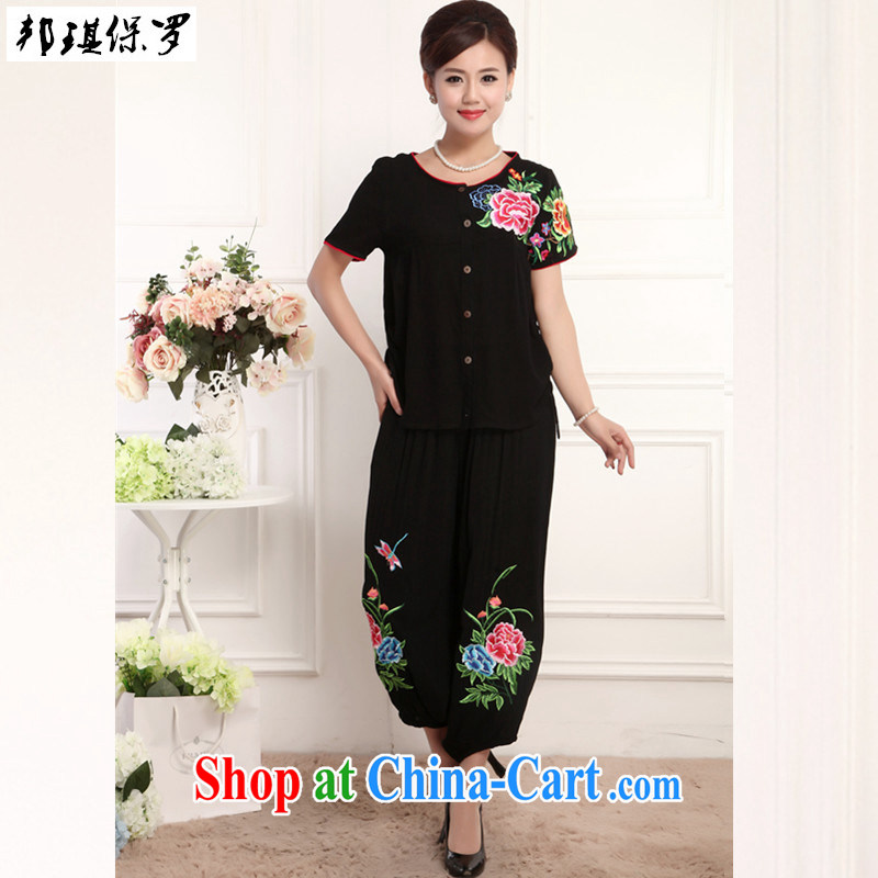 Bong-ki Paul 2015 New National wind cotton the commission embroidered Chinese package, summer short-sleeved T-shirt pants mom with Chinese improved the service package Black if you want to order, please contact customer service, Angel Paul, shopping on th