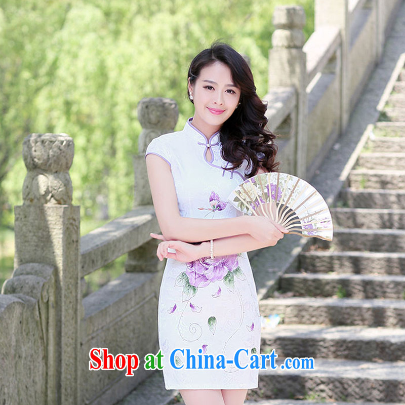 Dresses 2015 new spring and summer with white Peony jacquard cotton retro daily improved cheongsam dress style women 1517 first peony XXL
