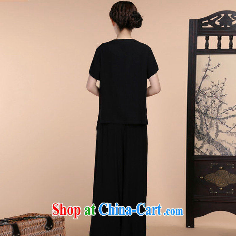 2015 summer beauty antique embroidered Chinese short-sleeved V collar short-sleeve T-shirt loose pants two piece set with black T-shirt XXXL, charm and Barbara (Charm Bali), online shopping