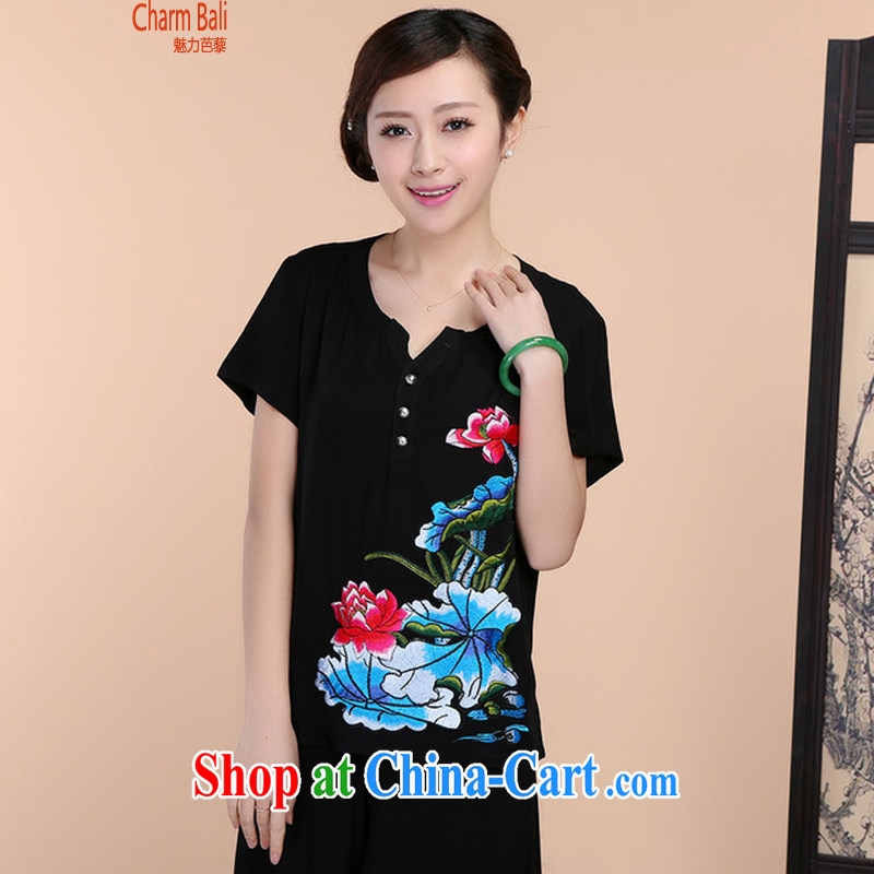 Hip Hop charm and Asia 2015 summer beauty antique embroidered Chinese short-sleeved V collar short-sleeve T-shirt loose pants two piece set with black T-shirt XL