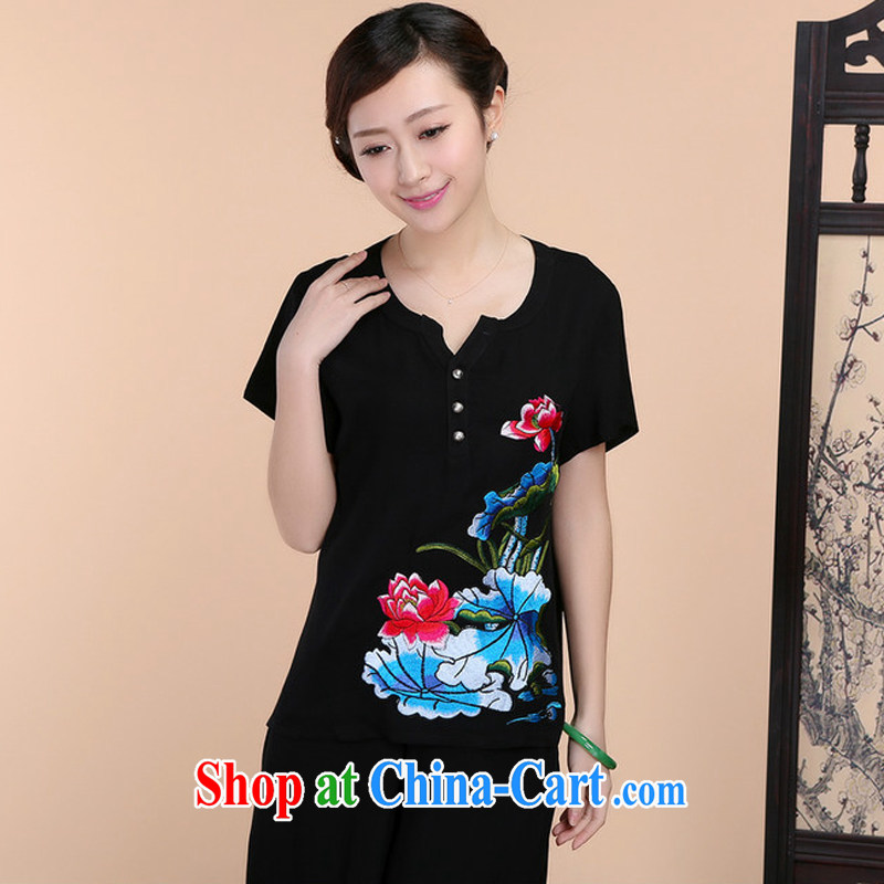 Hip Hop charm and Asia 2015 summer beauty antique embroidered Chinese short-sleeved V collar short-sleeve T-shirt loose pants two piece set with black T-shirt XL, charm and Asia Pattaya (Charm Bali), online shopping