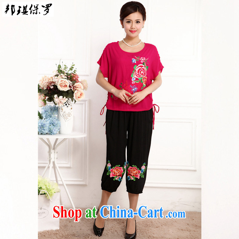 Bong-ki Paul 2015 new female Chinese wind Tang load package summer short-sleeved T-shirt pants, older units the Commission sets the embroidery, ladies Kit pink XL