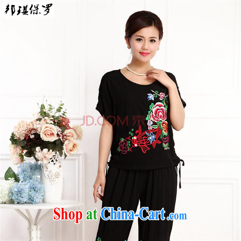Bong-ki Paul 2015 Korean version of the new, middle-aged and older women wear summer embroidery short-sleeved T shirts pants middle-aged female cotton Ma Tang package mother load package Black if you want to order, please contact customer service, Angel P
