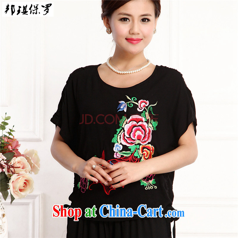 Bong-ki Paul 2015 Korean version of the new, middle-aged and older women wear summer embroidery short-sleeved T shirts pants middle-aged female cotton Ma Tang package mother load package Black if you want to order, please contact customer service, Angel P