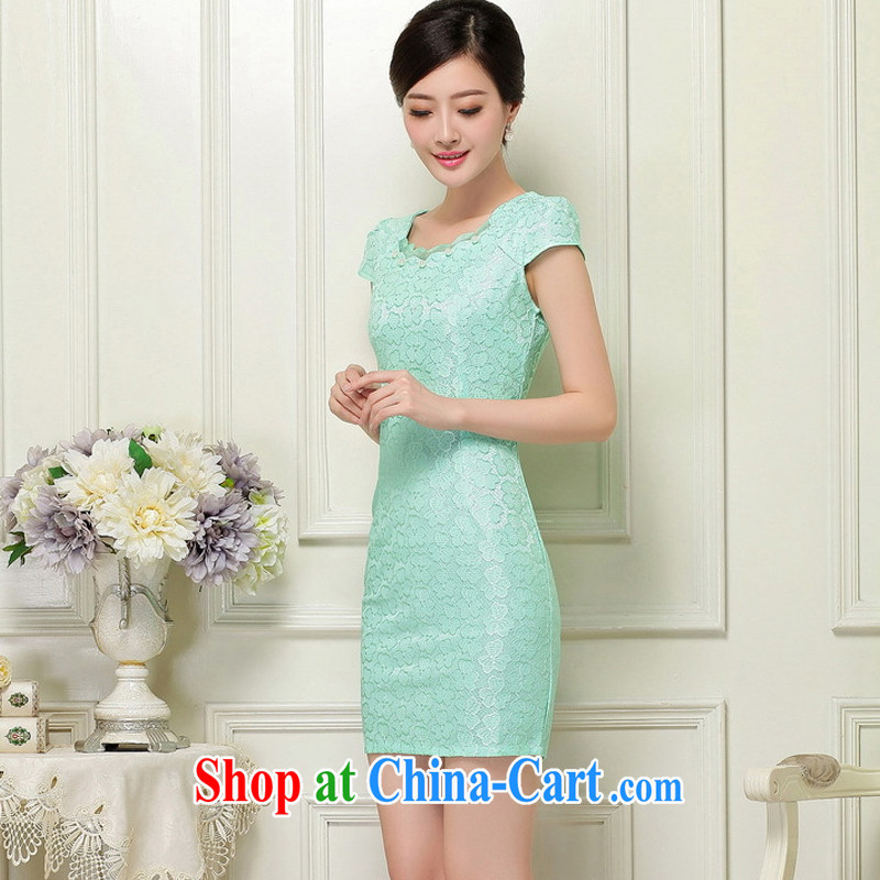 Shallow end, summer lace hook flower Openwork fashion round collar short-sleeved qipao JT 1032 green XL, shallow end (QM), and on-line shopping