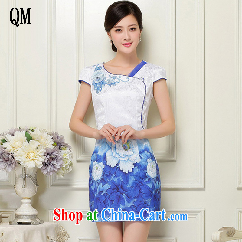 light at the stylish V-neck larger female dresses Ethnic Wind stamp improved cultivating short cheongsam JT 1039 blue XL