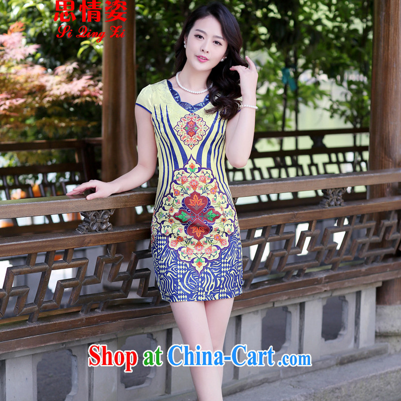 The Scent of Summer 2015 with new retro style embroidered beauty graphics thin short-sleeve cheongsam dress blue ripple M