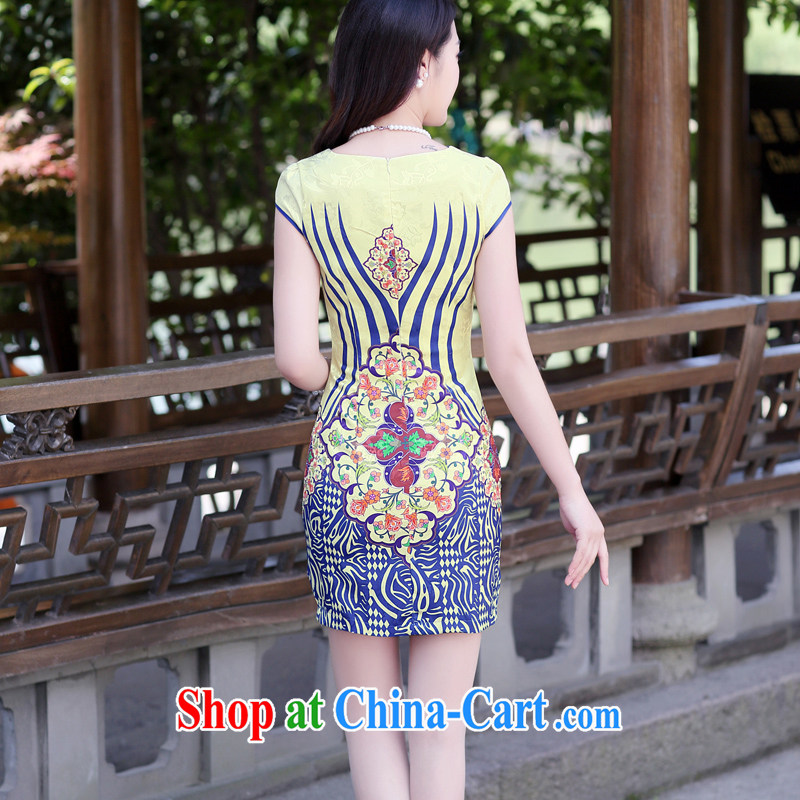 The Shannon Gore, 2015 summer new retro style embroidered beauty graphics thin short-sleeve cheongsam dress blue ripple M, Hong Kong Gore (XGN), shopping on the Internet