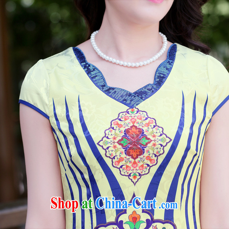 The Shannon Gore, 2015 summer new retro style embroidered beauty graphics thin short-sleeve cheongsam dress blue ripple M, Hong Kong Gore (XGN), shopping on the Internet