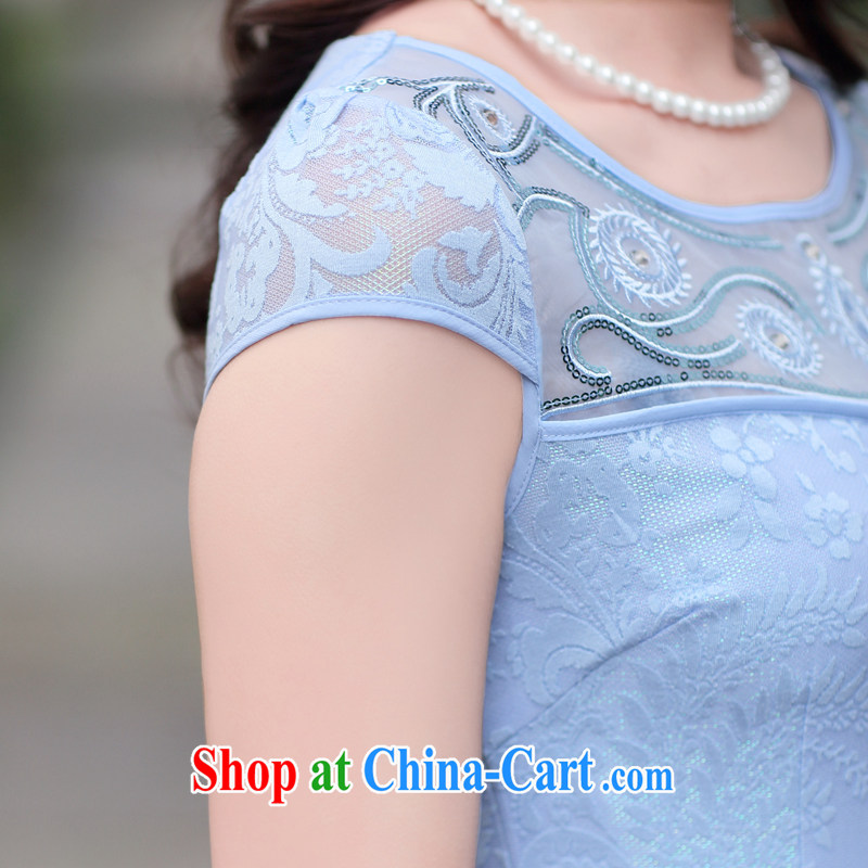 2015 summer new stylish improved embroidery cheongsam girl short lace cheongsam dress summer blue XXL, Ms. Tung (Miss . Dong), online shopping
