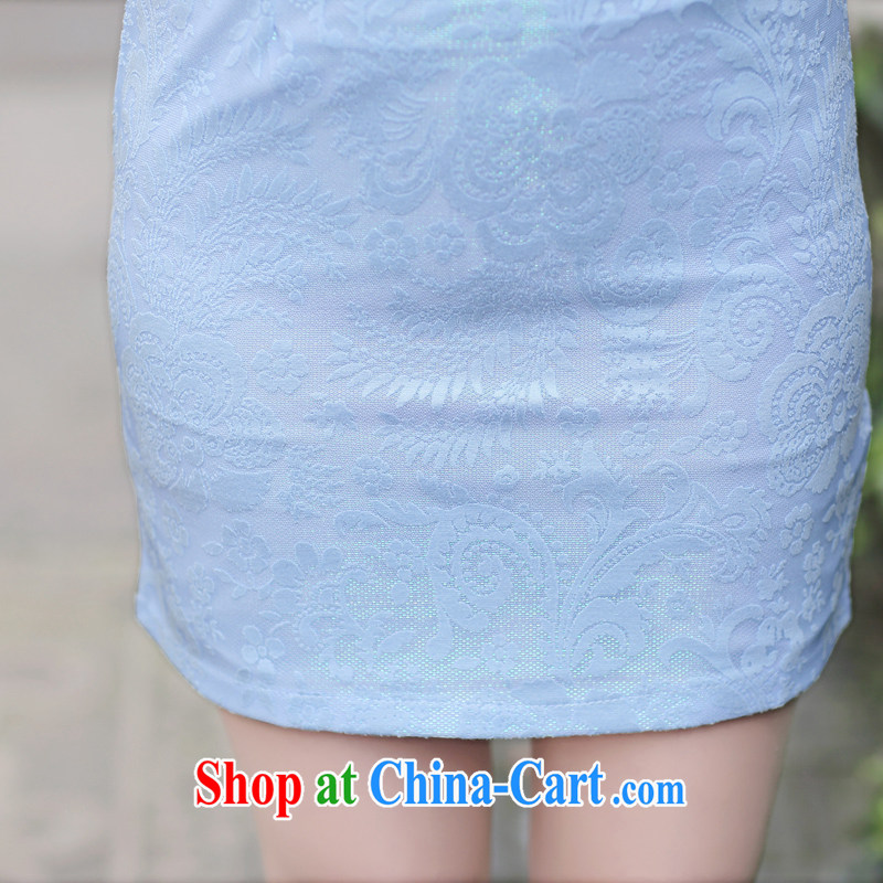The beautiful valley 2015 summer new stylish improved embroidery cheongsam girl short lace cheongsam dress summer blue L, Cayman, Lai Valley, shopping on the Internet