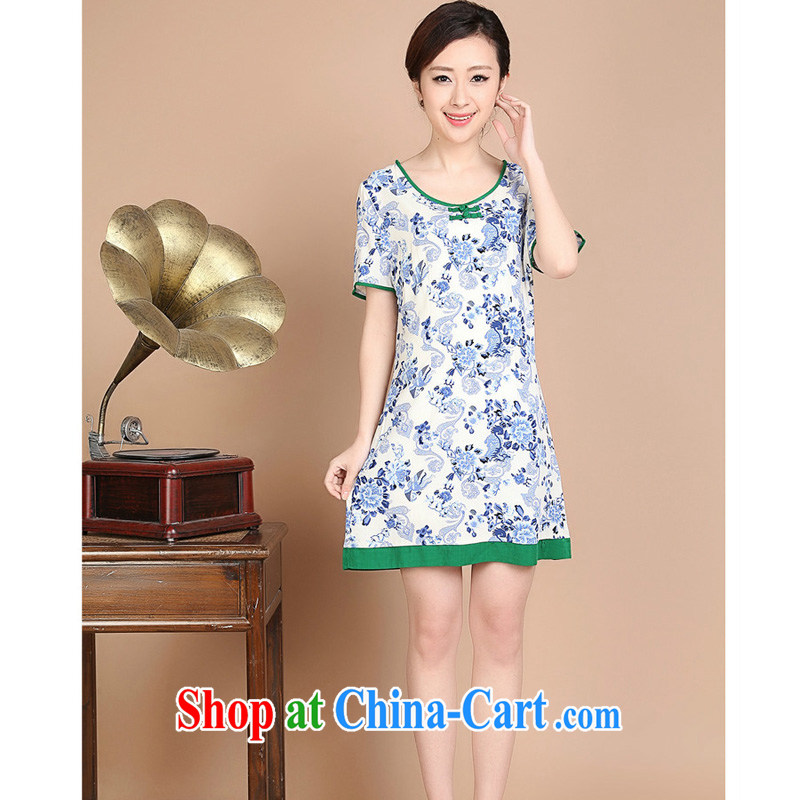 Tze-The 2015 summer on the new loose the code MOM decorated with a short-sleeved round neck with short dresses FGR - C 1129 blue and white porcelain XXL