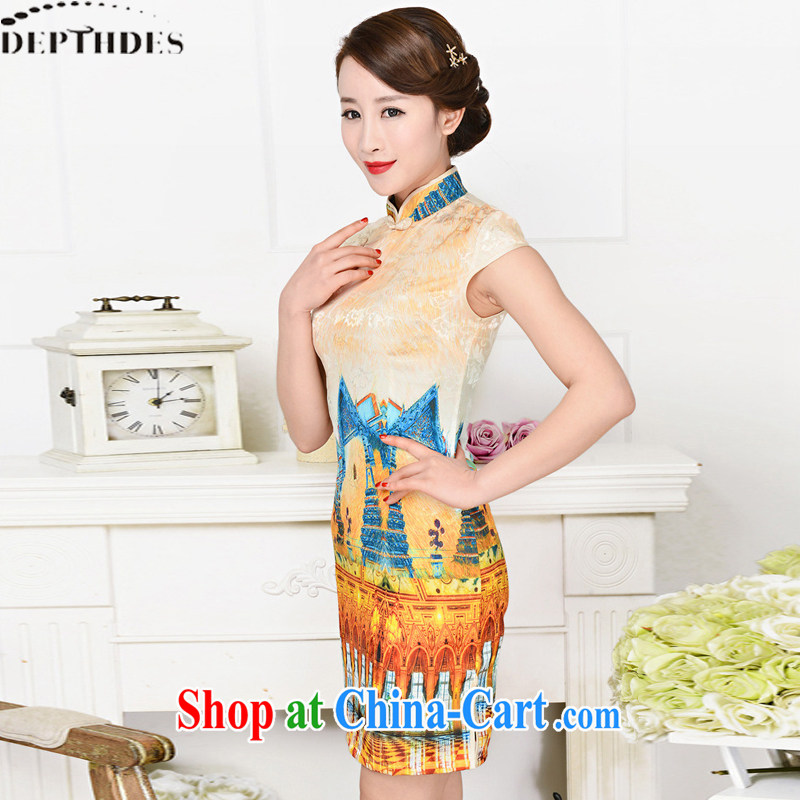 2015 DEPTHDES new summer girls retro-tie short-sleeved stamp Chinese, for improved cultivation video thin short cheongsam style dresses White Palace figure XXL, DEPTHDES, shopping on the Internet