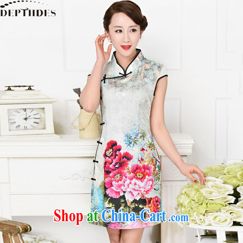 2015 DEPTHDES new summer wear women's clothing Ethnic Wind Peony stamp duty is a tight short-sleeved beauty graphics thin improved cheongsam short skirts dresses black collar, crane figure XXL, DEPTHDES, shopping on the Internet
