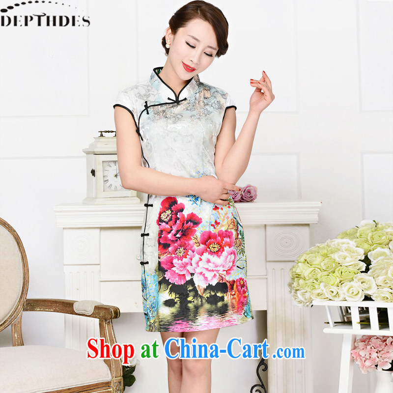 2015 DEPTHDES new summer wear women's clothing Ethnic Wind Peony stamp duty is a tight short-sleeved beauty graphics thin improved cheongsam short skirts dresses black collar, crane figure XXL, DEPTHDES, shopping on the Internet