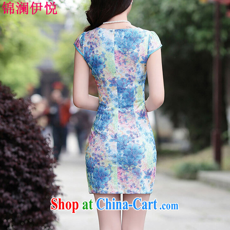 kam world the Hyatt color stamp cheongsam dress improved stylish short-sleeve lace-yi skirt package and short skirts blue Peony XL, Kam world, Yue, and shopping on the Internet