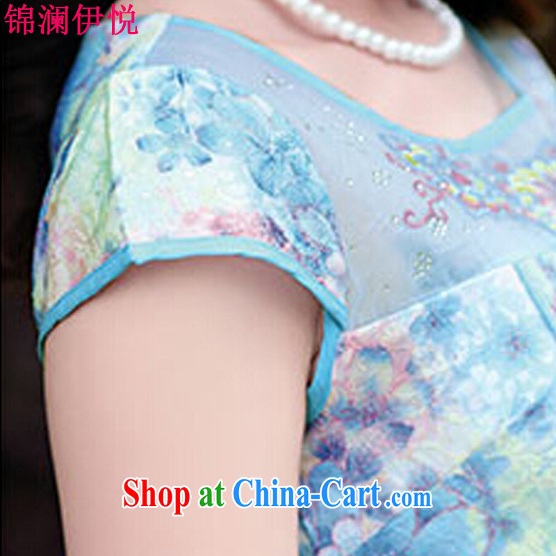 kam world the Hyatt color stamp cheongsam dress improved stylish short-sleeve lace-yi skirt package and short skirts blue Peony XL, Kam world, Yue, and shopping on the Internet