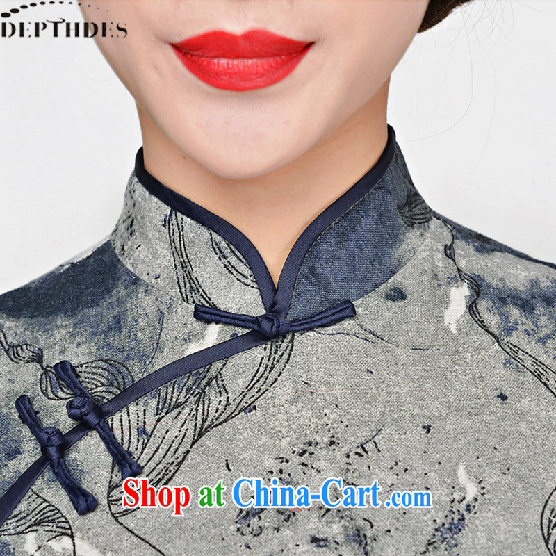 2015 DEPTHDES new summer wear women's clothing national retro elegance beauty stamp painting improved short cheongsam dress beige and navy suits, XXL DEPTHDES, shopping on the Internet