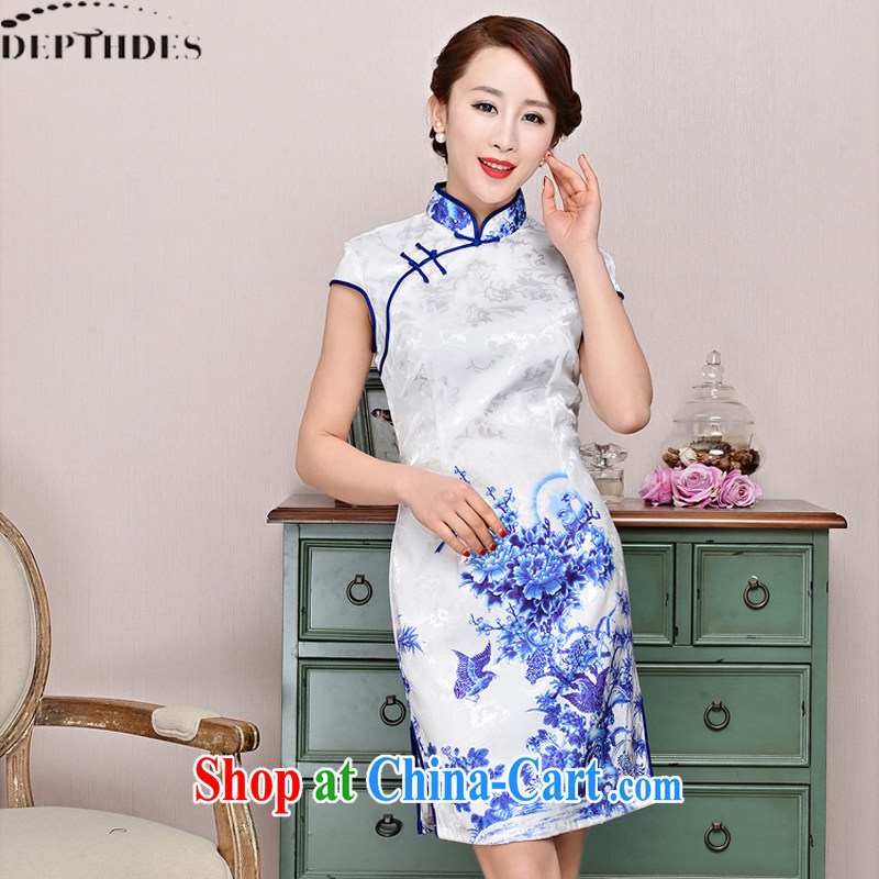 2015 DEPTHDES new summer wear women national retro elegance beauty Stamp Duty Crane picture improved short cheongsam dress, white Peony bamboo flower XXL