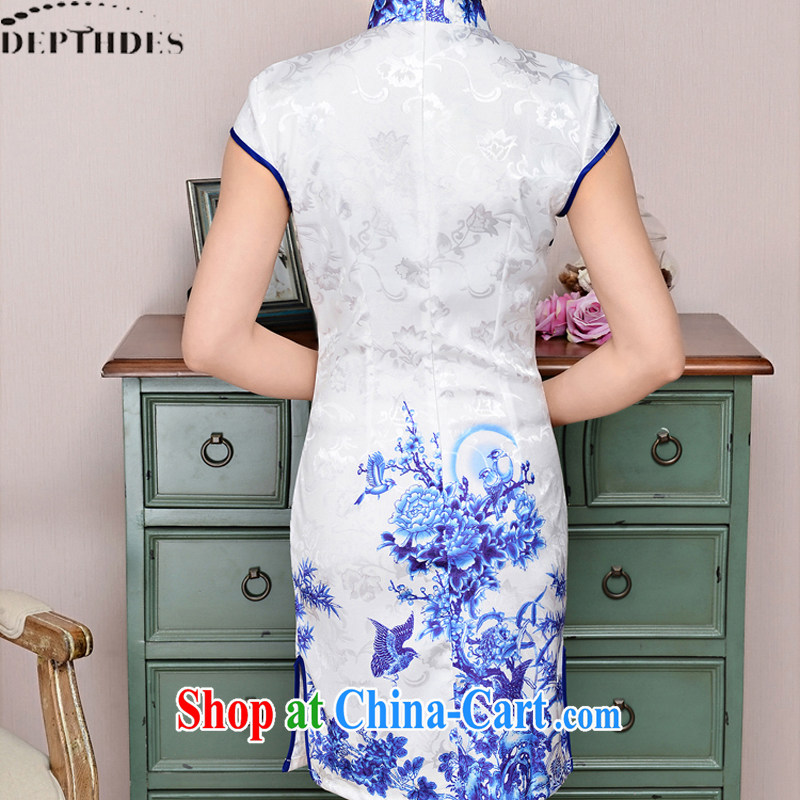 2015 DEPTHDES new summer women's clothing national retro elegance beauty Stamp Duty Crane picture improved short cheongsam dress, white Peony bamboo flower XXL, DEPTHDES, shopping on the Internet