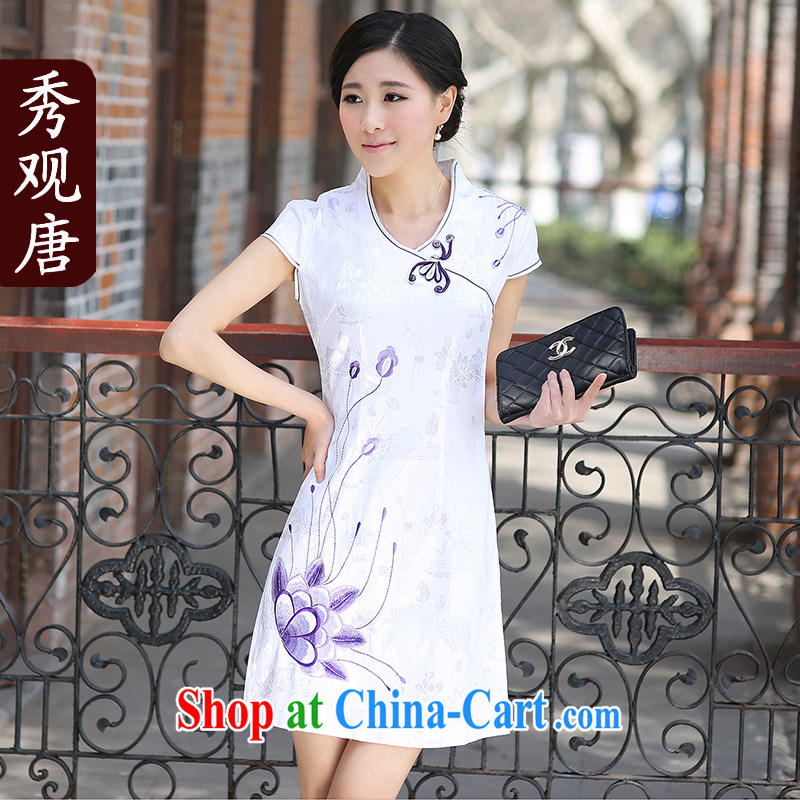 The CYD HO Kwun Tong' water in flower embroidery improved cheongsam dress summer 2015 fashion sexy women 32,198 G white XXL