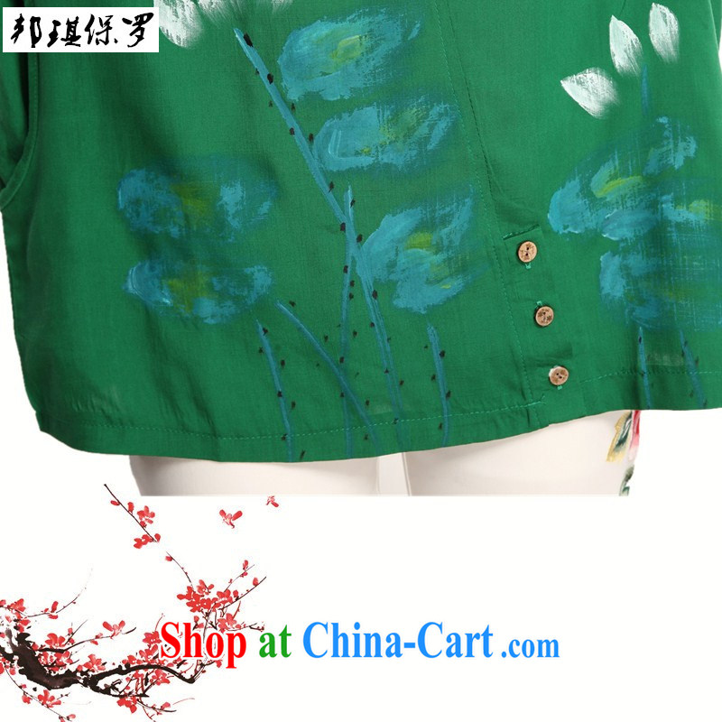 Bong-ki Paul 2015 new, older women summer retro style Ethnic Wind up in cotton, the Chinese Chinese style mother's short-sleeved stamp T-shirt green 4XL, Angel Paul, shopping on the Internet