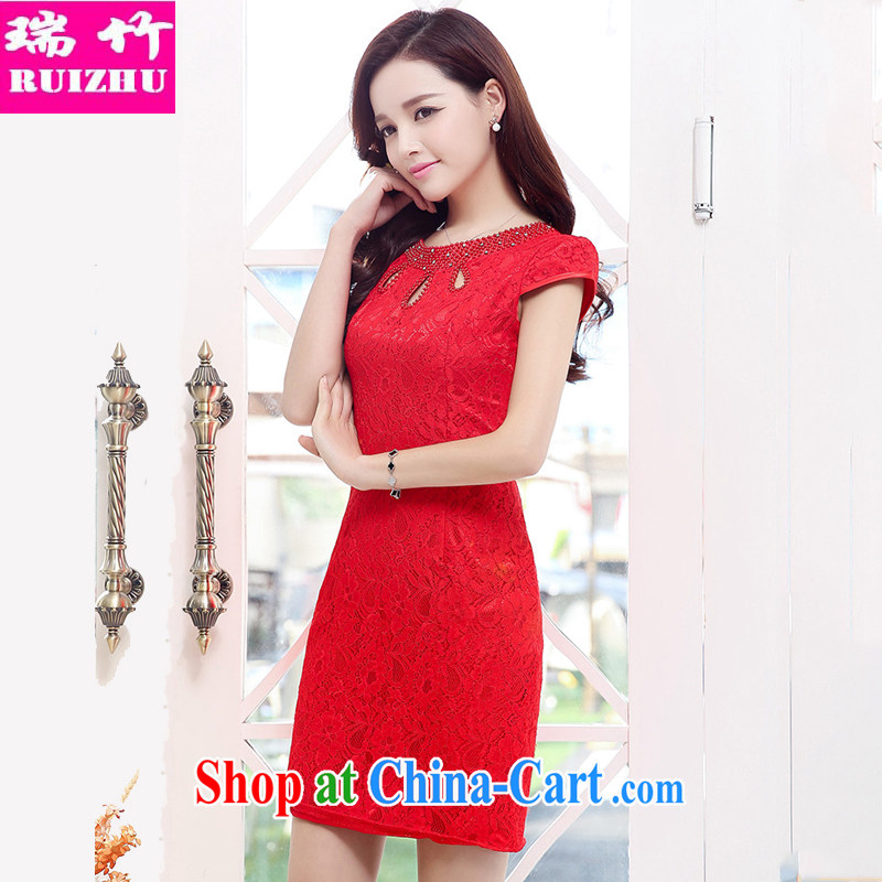 Shui-bamboo 2015 spring and summer and autumn new retro full-lace round-collar inserts drill beauty package and qipao gown short skirts chest Openwork graphics thin further dresses bridal toast red XXL, Shui bamboo (RUIZHU), online shopping