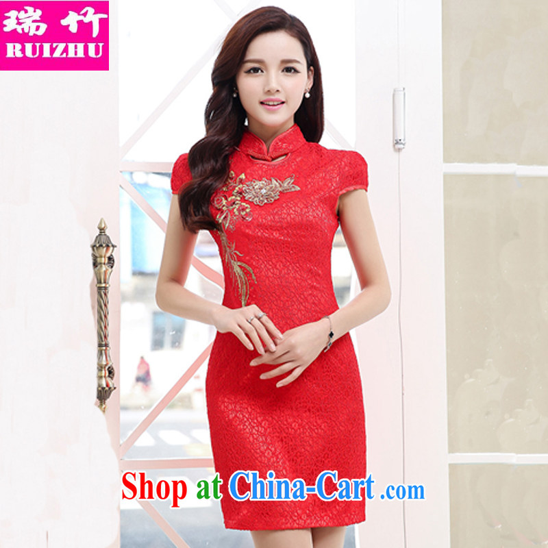 Shui bamboo 2015 Spring Summer Fall with new retro red Tang on short-sleeved dresses bridal toast small Annual Dinner chair embroidered Peony Phoenix lace improved cheongsam red XXL, Shui bamboo (RUIZHU), and shopping on the Internet