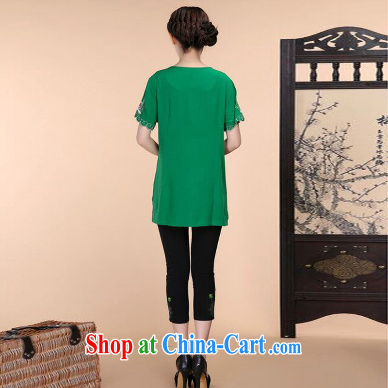 2015 summer new loose the Code, older women cotton embroidered Chinese short-sleeved T-shirt pants two-piece to sell green package XL, charm and Asia Pattaya (Charm Bali), online shopping