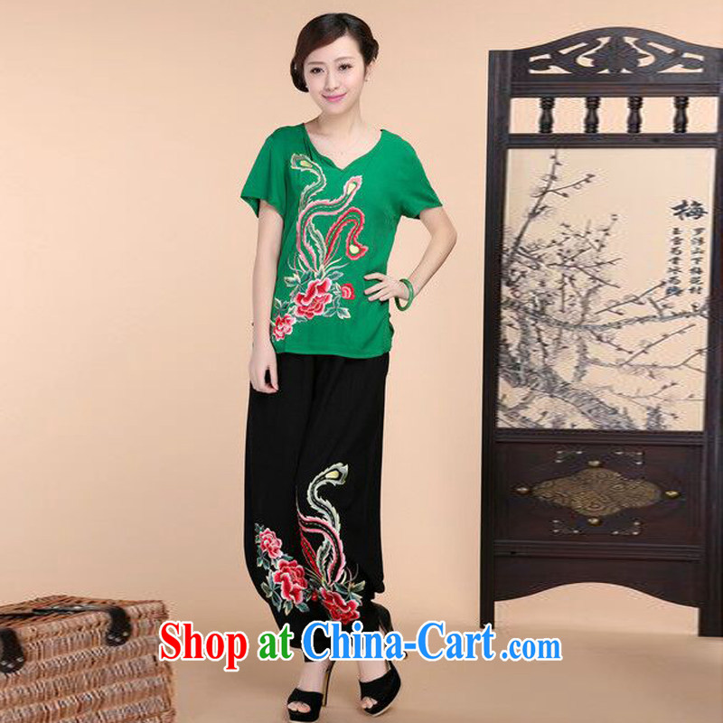 Style trends 2015 summer new, loose the Code, older women with cotton embroidered Chinese short-sleeved T-shirt pants two-piece to sell green package L, style trends (GEDIAOTIDE), online shopping