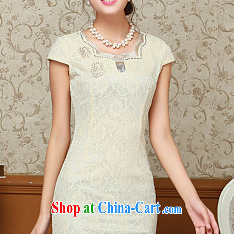 OVBE Korean version 2015 summer New Style beauty lace elegant petal collar embroidered Chinese qipao package and dresses female yellow XXL, OVBE, shopping on the Internet