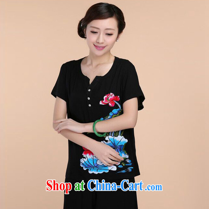 2015 summer new loose the Code, older women cotton embroidered Chinese short-sleeved T-shirt pants two-piece to sell black T-shirt XL charm, as well as Asia and (Charm Bali), online shopping