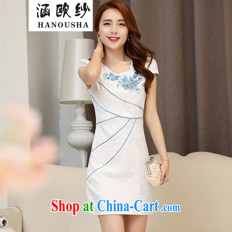 COVERED BY THE 2015 summer dress New Beauty daily Chinese retro short sleeved improved stylish embroidered cheongsam dress dress White Red XXL, covered by the yarn (Hanousha), online shopping