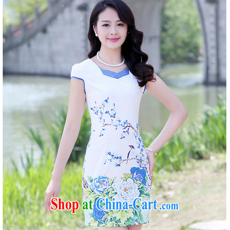 2015 summer new Korean Lady style floral short-sleeve package and graphics thin cheongsam dress 8896 - 1 light blue Peony XXXL