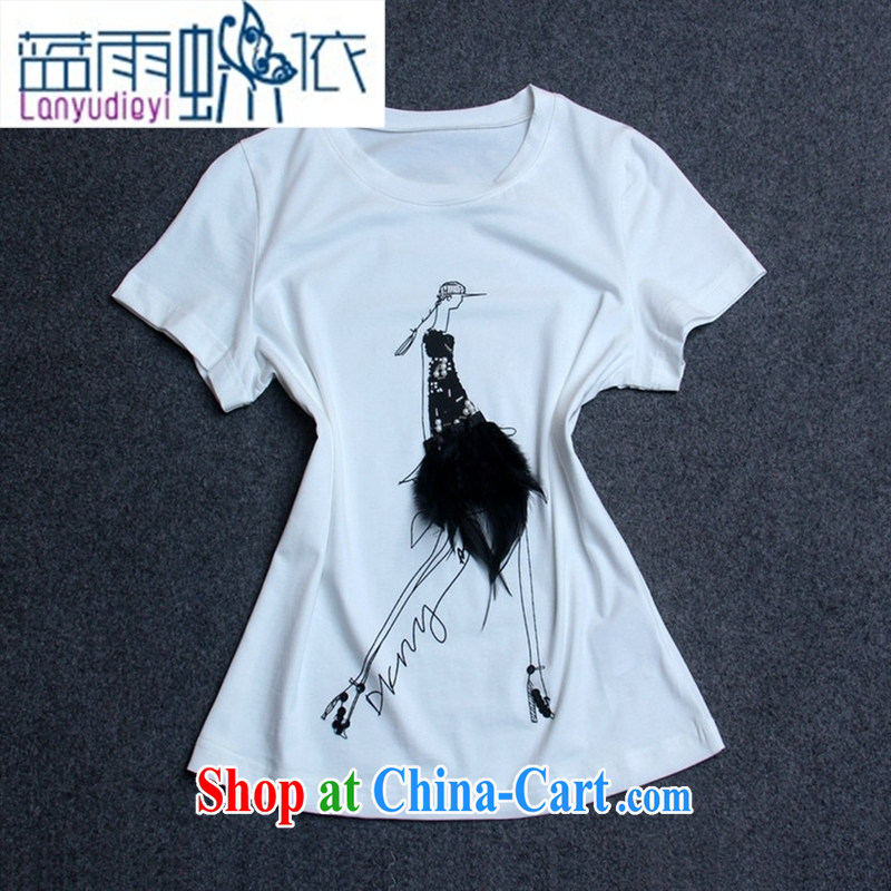 Ya-ting store stars, with round-neck collar short-sleeved staple feather female T shirt T-shirt woman with burglary, summer girl Y 37,453 L white, blue rain bow, and, on-line shopping